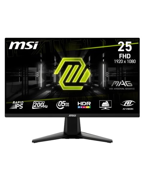 MSI MAG 255F E20 24.5-Inch FHD 1920x1080 Gaming Monitor, 200Hz, 0.5ms, HDR Ready, AMD FreeSync Premium, Eye Care, AI Vision, HDMI 2.0b, DP 1.2a, Frame-Less, Tilt Adjustable, Vesa Mount, Black