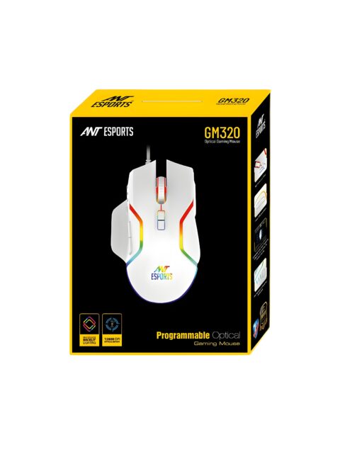 Ant Esports GM320 RGB Optical Wired Gaming Mouse | 8 Programmable Buttons | 12800 DPI I Ergonomic Design with Braided Cable - White