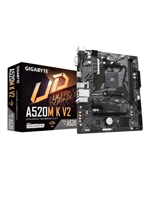 GIGABYTE A520M K V2 (Rev. 1.0) Micro-ATX Motherboard – AMD AM4, DDR4 (5100 MHz OC), PCIe 3.0 x4 M.2, GbE LAN, HDMI + D-Sub, Smart Fan 5