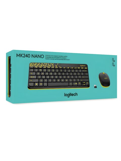 Logitech MK240 Nano Wireless USB Keyboard and Mouse Set, 12 Function Keys 2.4GHz Wireless, 1000DPI, Spill-Resistant Design, PC/Mac, Black/Chartreuse Yellow