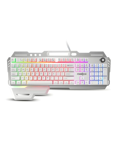 FRONTECH KB-0013P Wired Gaming Keyboard | 104 Keys with Rainbow Backlight | 19 Anti-Ghosting Keys | USB Plug & Play | 1.5m Braided Cable | White-Grey | Compatible with Windows 11/10/8/7