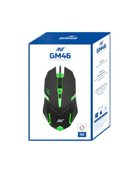 Ant GM46 Wired Optical Gaming Mouse | 2400 DPI Sensor | 4 Durable Buttons | Multicolour Backlight | 1.5M Cable | Lightweight Design | Compatible with Windows, Mac & Linux