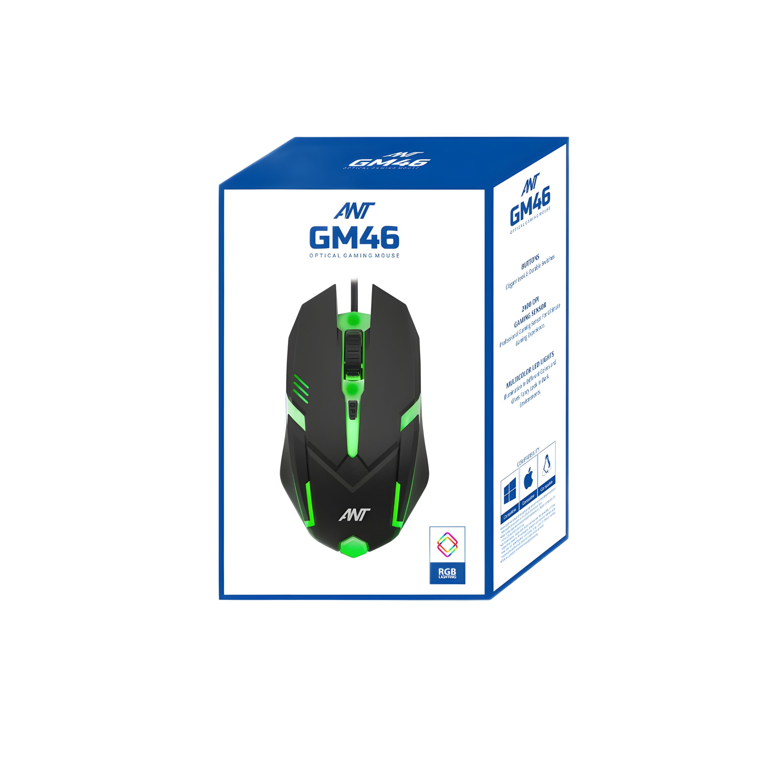 Listing-Image_9-1-scaled (2) (1) Ant GM46 Wired Optical Gaming Mouse | 2400 DPI Sensor | 4 Durable Buttons | Multicolour Backlight | 1.5M Cable | Lightweight Design | Compatible with Windows, Mac & Linux