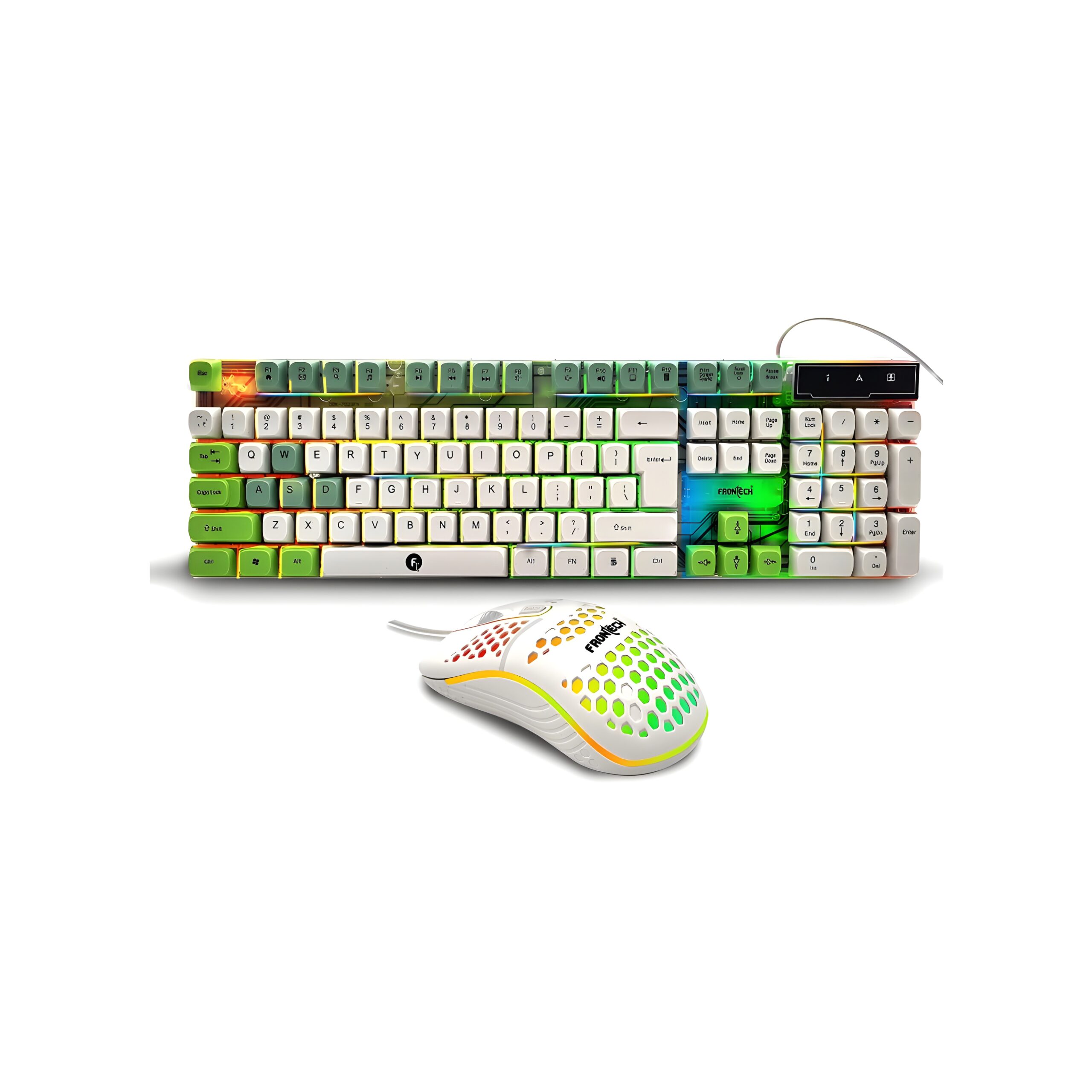 81B7rvAnPNL._SL1500_ (1) FrontechKB-0045 Wired Nova Knight Gaming Keyboard & Mouse Set, LED Rainbow Backlit, 104 Keys, USB Plug & Play, Up to 1600 DPI Mouse, Durable Build, White + Green)
